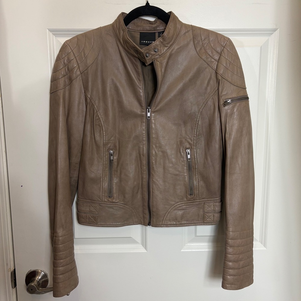 Trouve Leather Moto Jacket Taupe Brown Quilted Biker Small